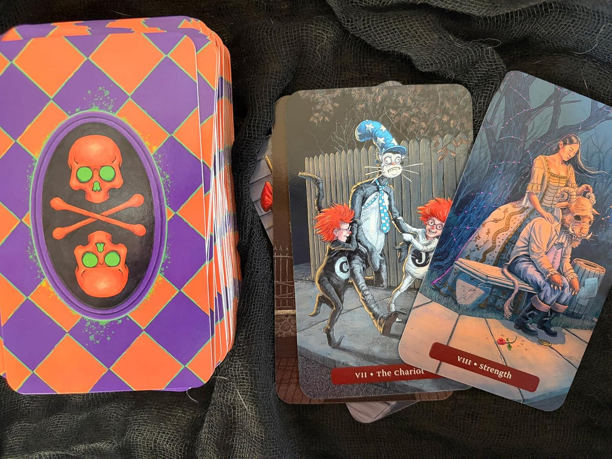 Back of the cards for the Trick or Treat tarot deck and some card examples