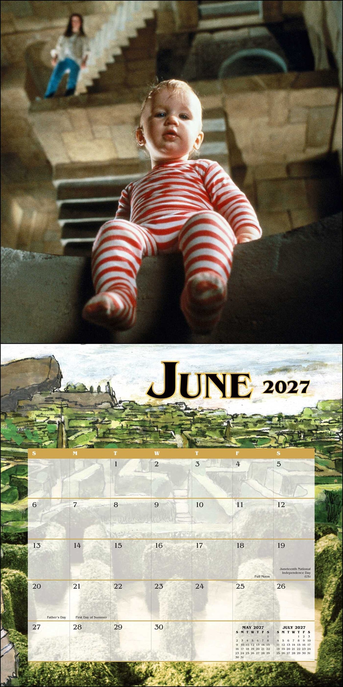 Jim Henson's Labyrinth 2027 Wall Calendar - June showing baby Toby and Sarah in the background