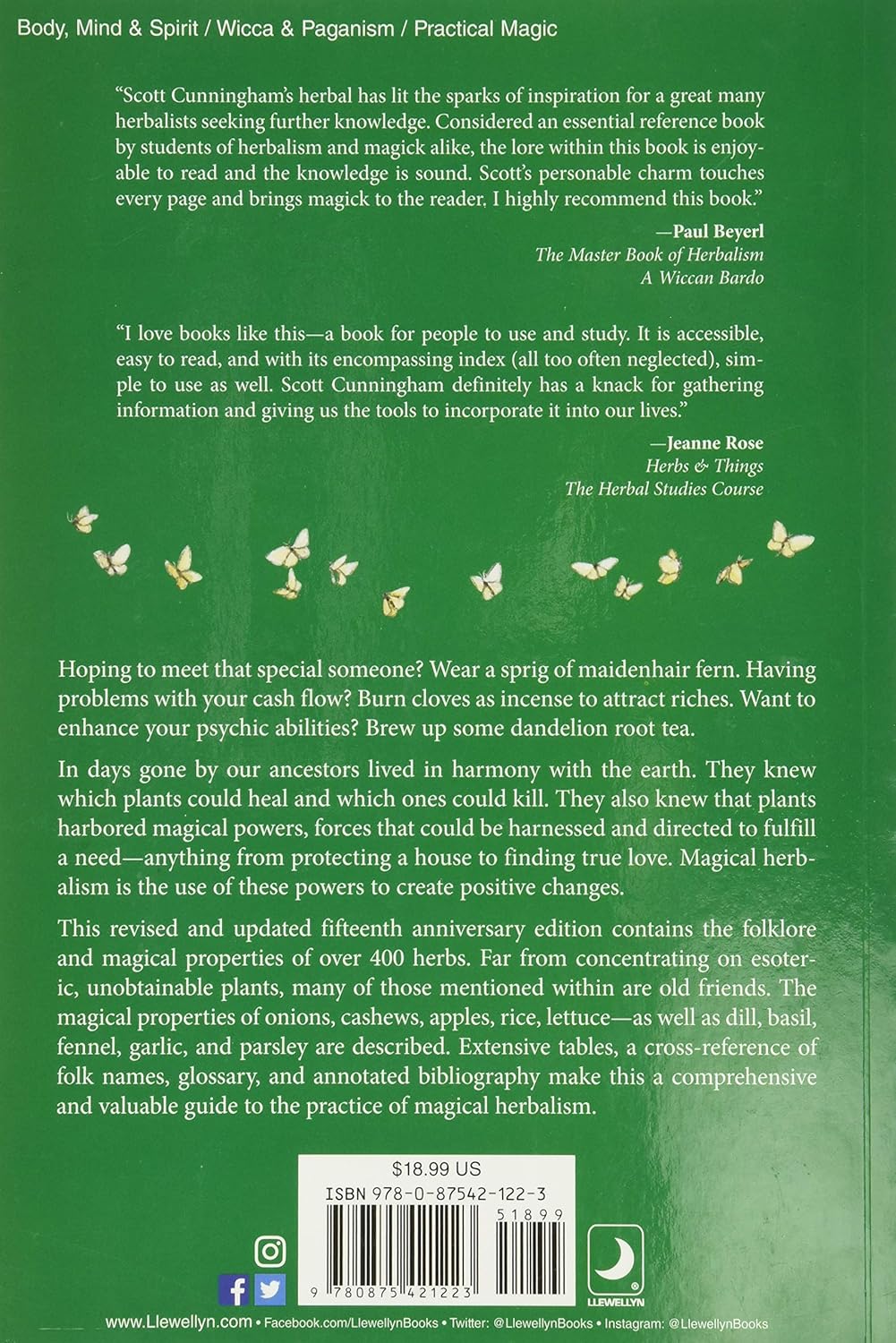 Cunningham's Encyclopedia of Magical Herbs by Scott Cunningham, Expanded & Revised Edition, back of the green book