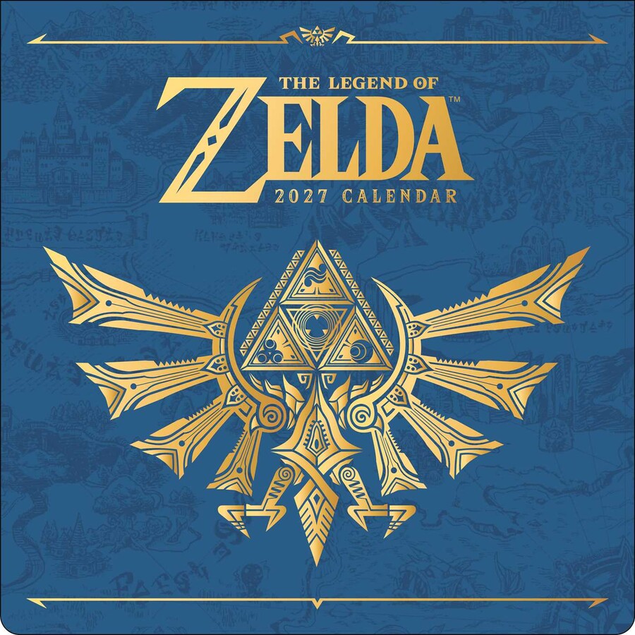 Legend of Zelda 2027 wall calendar - front cover, blue with Triforce emblem