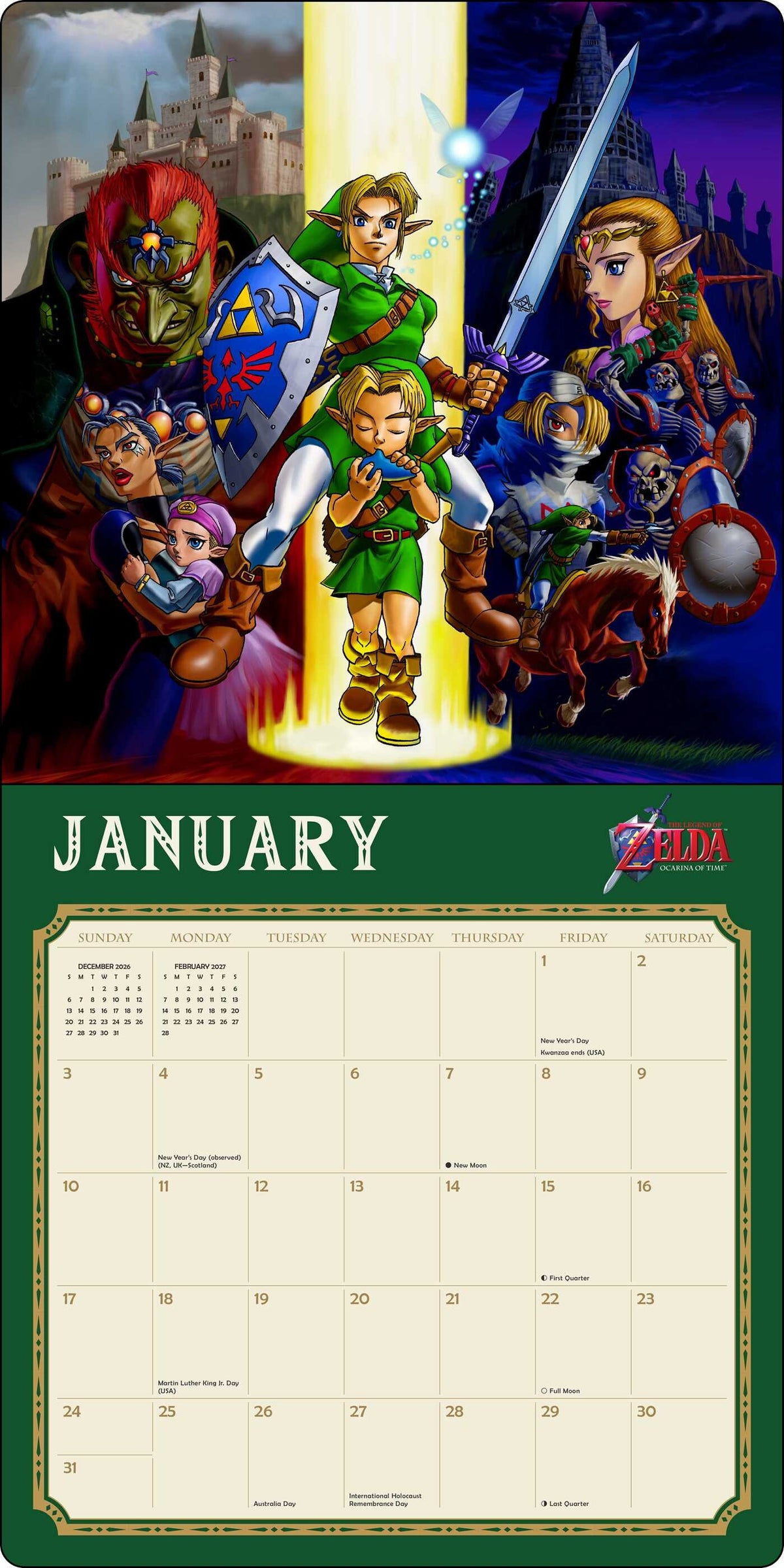 Legend of Zelda 2027 wall calendar - January showing characters from the games