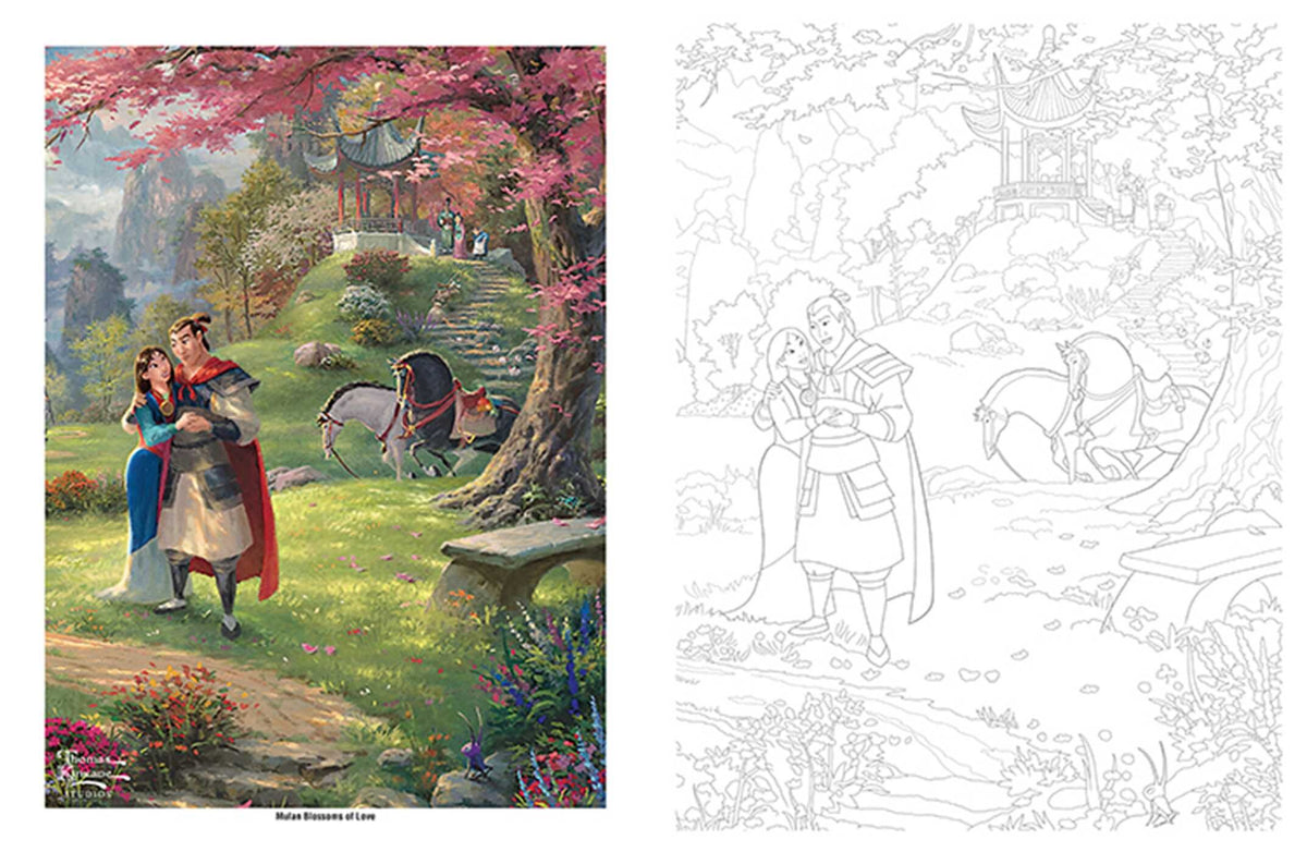 Disney Dreams Collection Thomas Kinkade Studios Disney Princess Coloring Book example page with Mulan