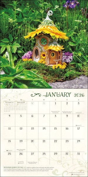 Calendar for January 2026 featuring a fairy house in a garden setting.
