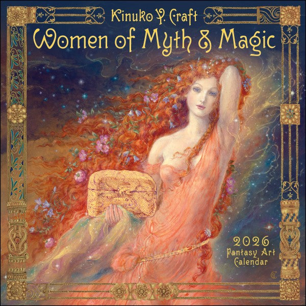 Calendar cover featuring an illustration of a woman with red hair and flowers, titled 'Women of Myth & Magic' by Kinuko Y. Craft.