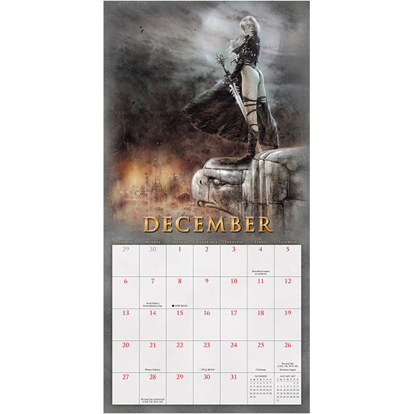 Calendar for December with a fantasy-themed warrior woman