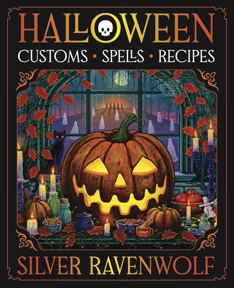 Book cover of 'Halloween Customs, Spells, Recipes' by Silver Ravenwolf with a jack-o'-lantern and Halloween-themed design.