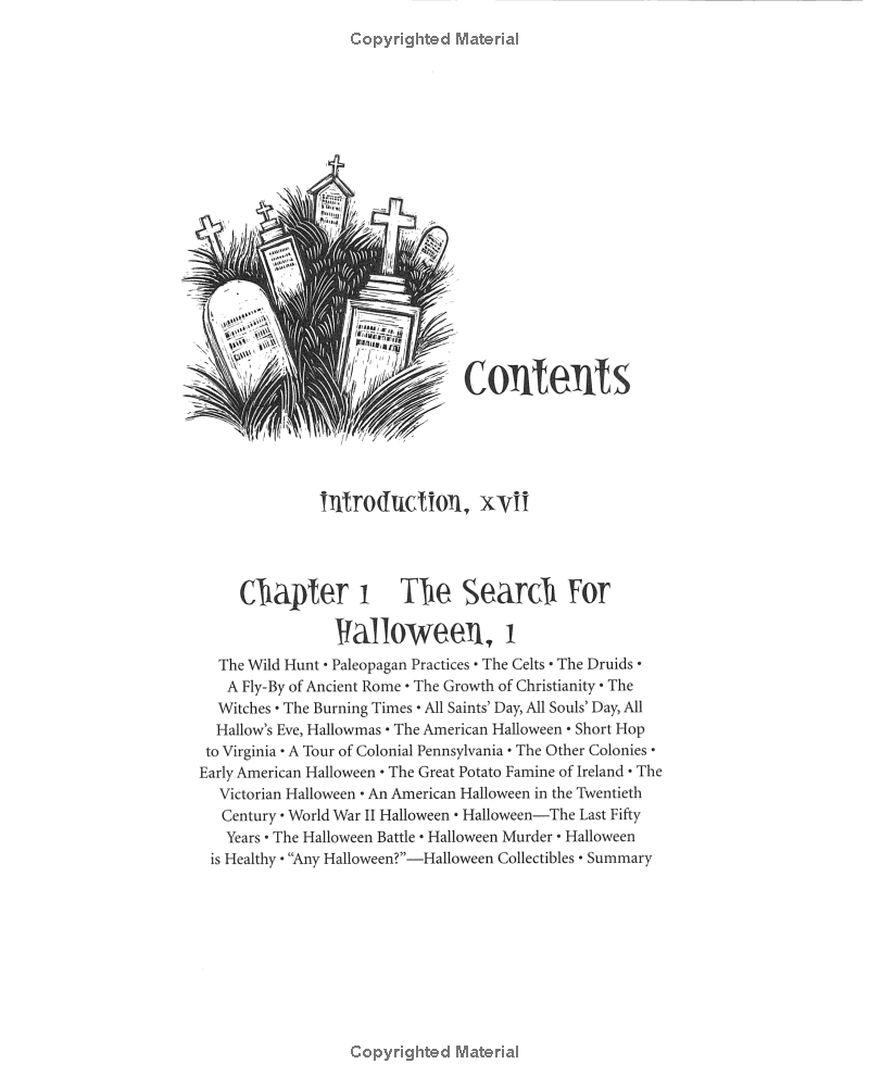 Table of contents page for Halloween book with black text and grave illustrations on a white background