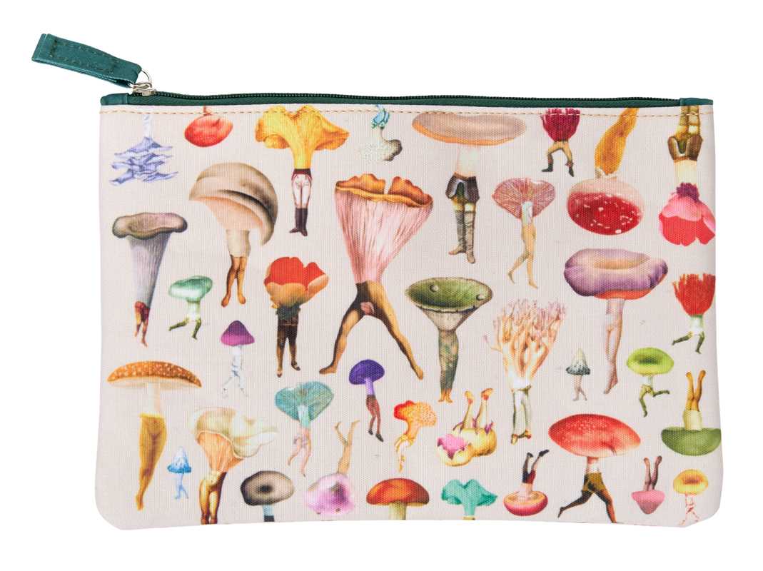 Pouch with colorful mushroom people pattern on a white background