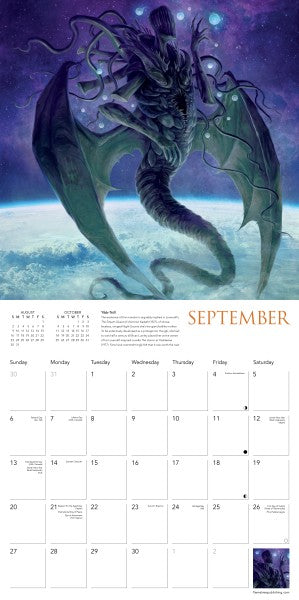 Calendar page for September with a fantasy Lovecraft monster illustration on a cosmic background