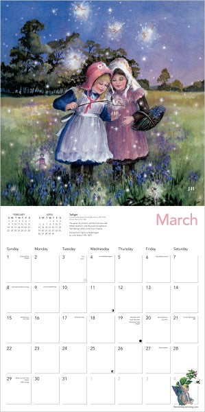 Calendar page for March with illustration of two children in a field at night, surrounded by fairies