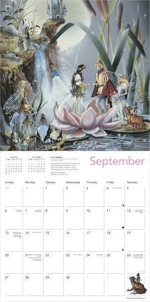 Calendar with fantasy illustration of fairies and a fairy queen and king, featuring a large pink flower, for September