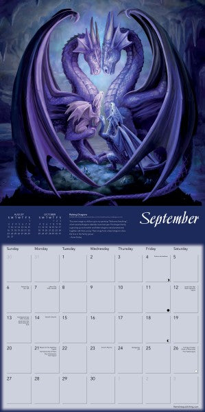 Calendar with a purple dragon illustration for September