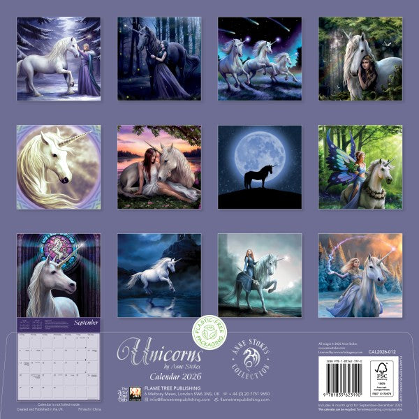 Calendar back cover with unicorn illustrations on a purple background