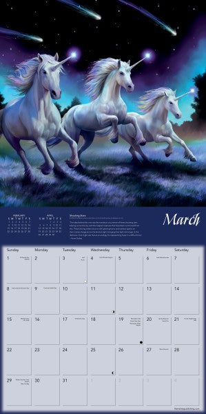 Unicorn calendar for March with a fantasy design of three unicorns running on a grassy field under a starry sky.