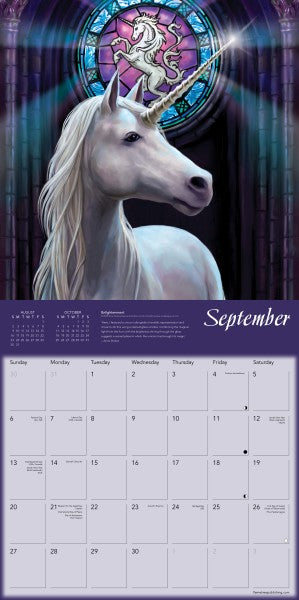 Calendar page with a unicorn and stained glass window design, featuring the month of September.