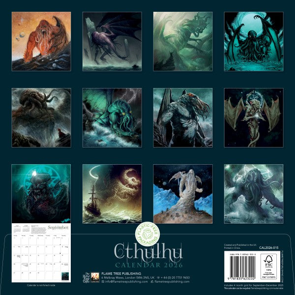 Cthulhu calendar with various monster illustrations on a dark blue background