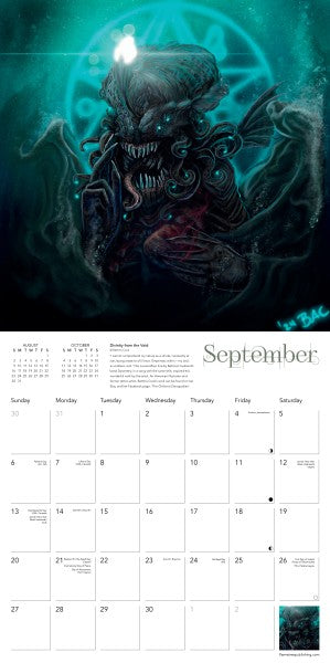 Calendar with a Cthulhu creature design on a teal background, September page