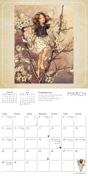 Calendar page for March with an illustration of a fairy on a branch, featuring flowers