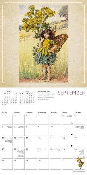 Calendar page for September with a fairy holding flowers on a beige background