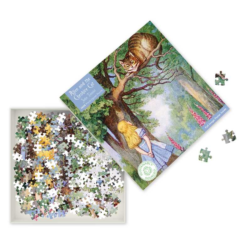 Jigsaw puzzle with Alice in Wonderland theme, pieces shown in box