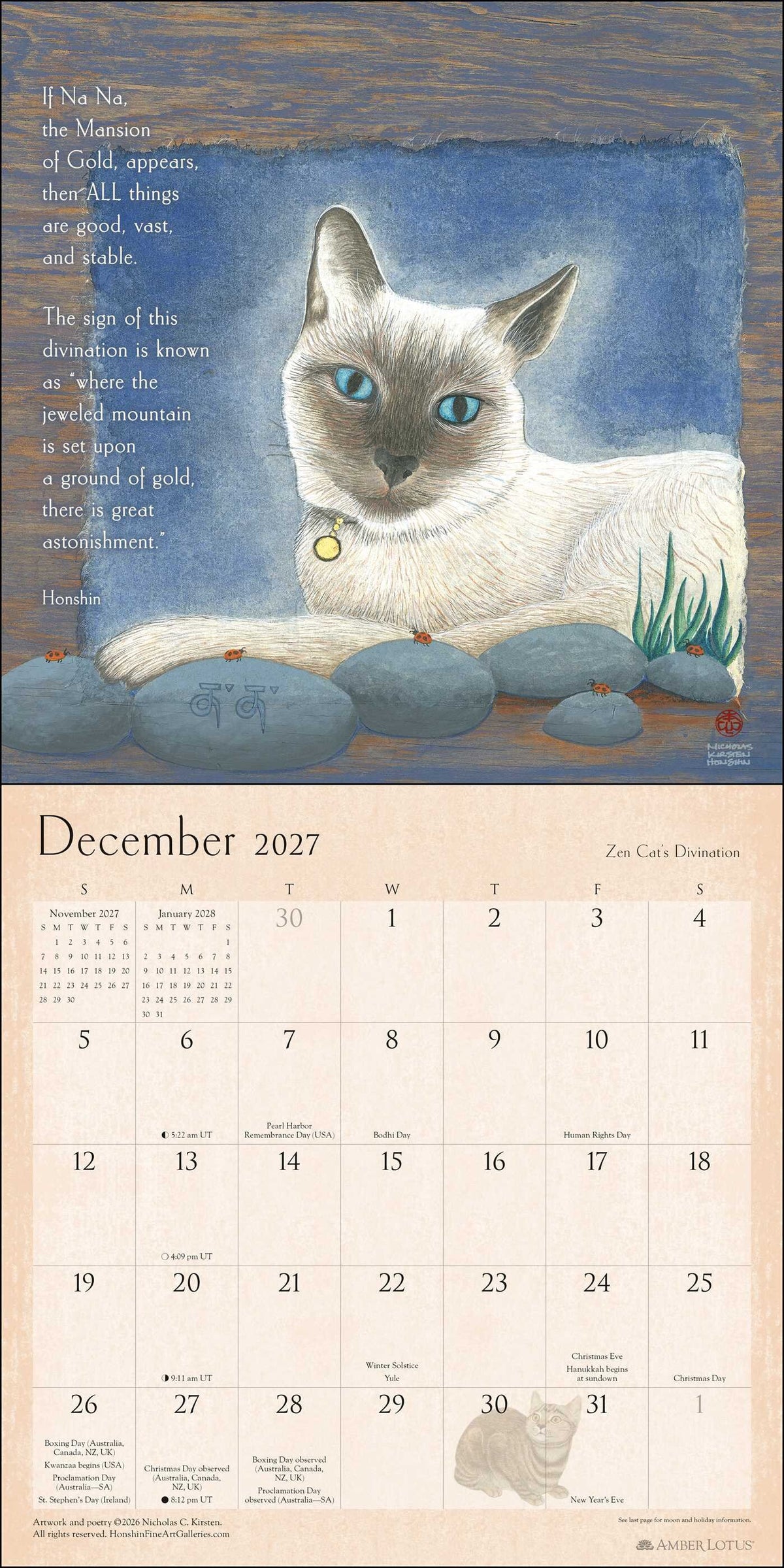 2027 Zen Cat Wall Calendar - December with Siamese cat
