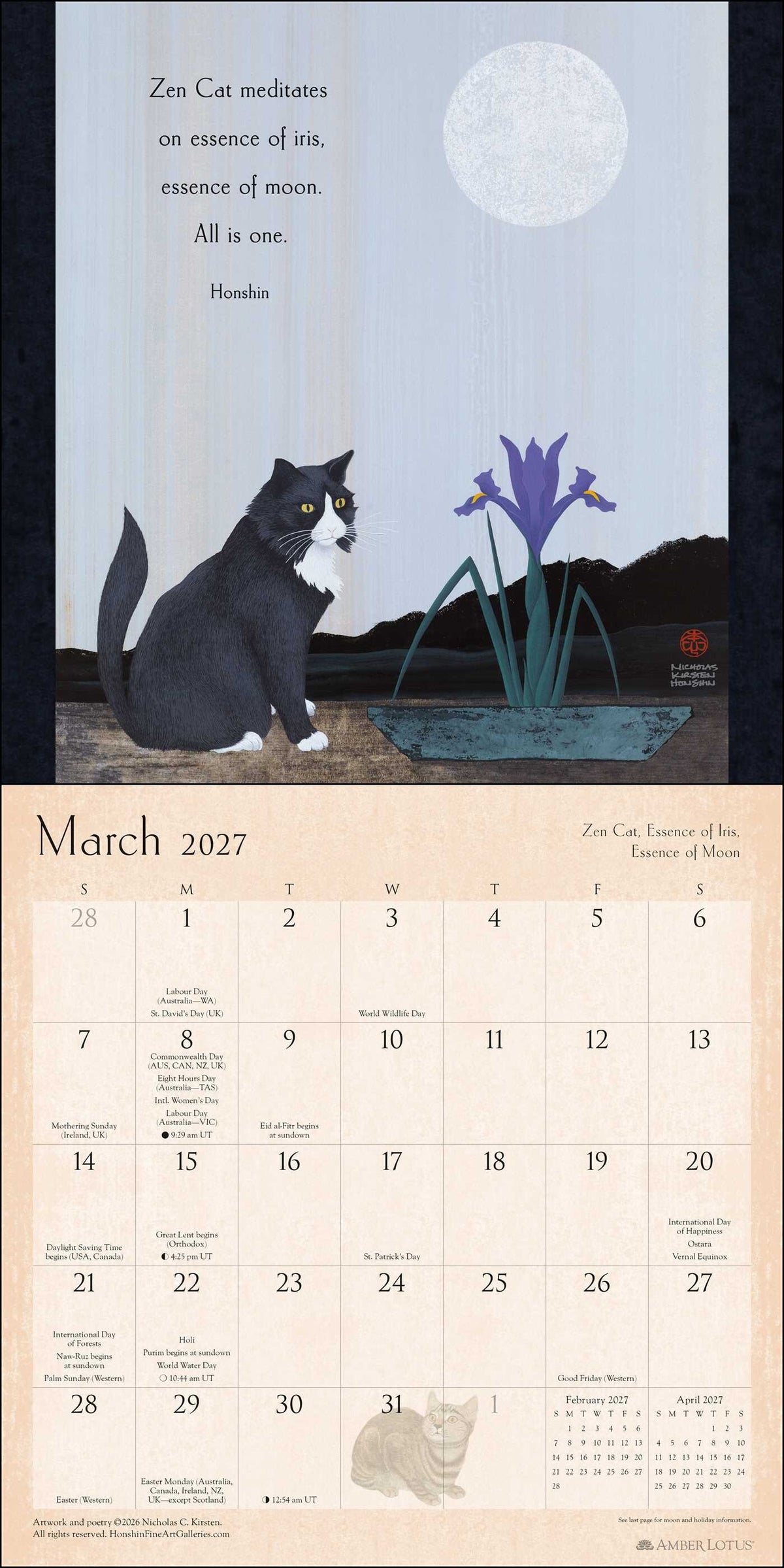 2027 Zen Cat Wall Calendar - March with black and white cat and iris