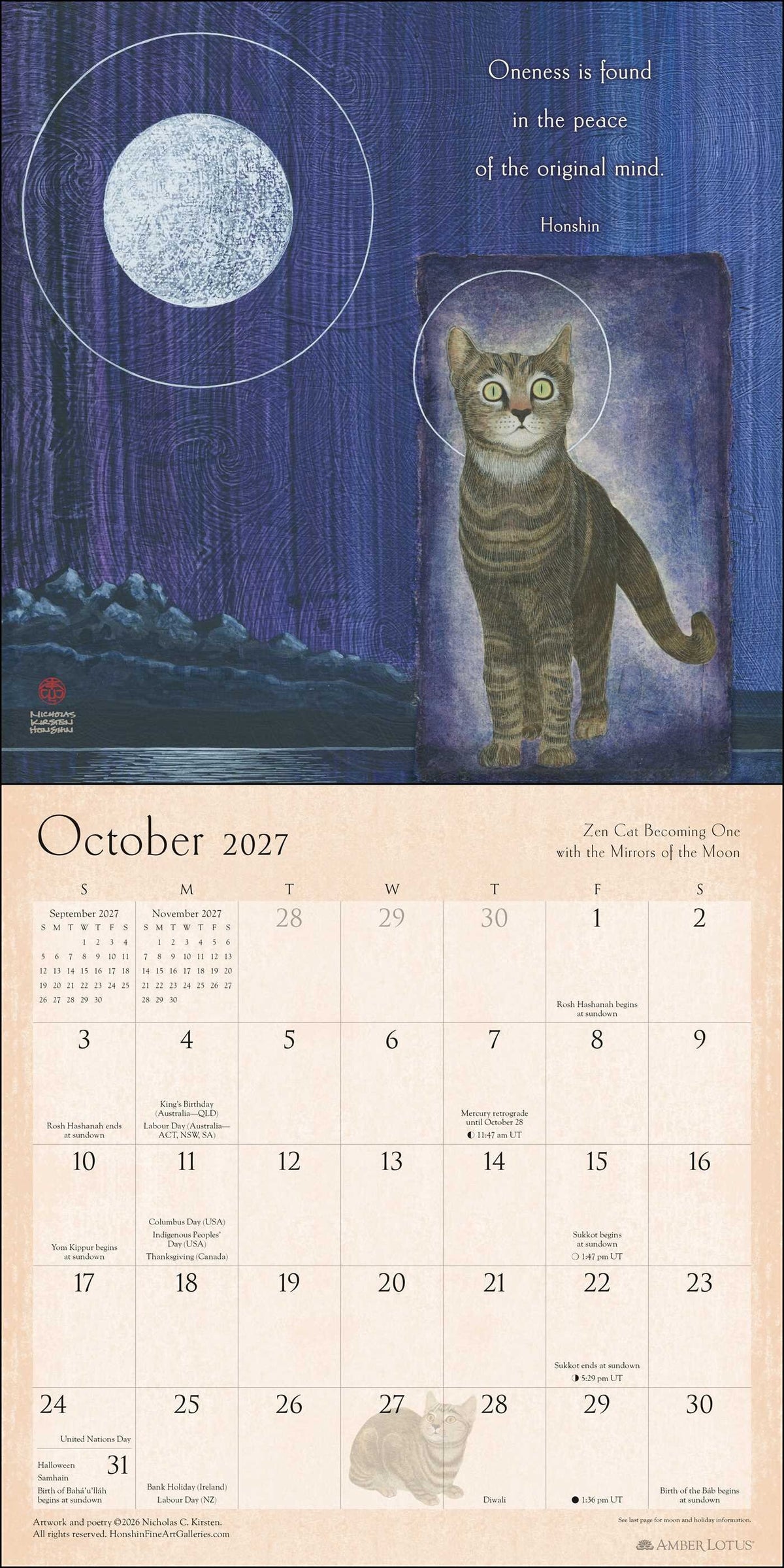 2027 Zen Cat Wall Calendar - October with moon and tabby cat