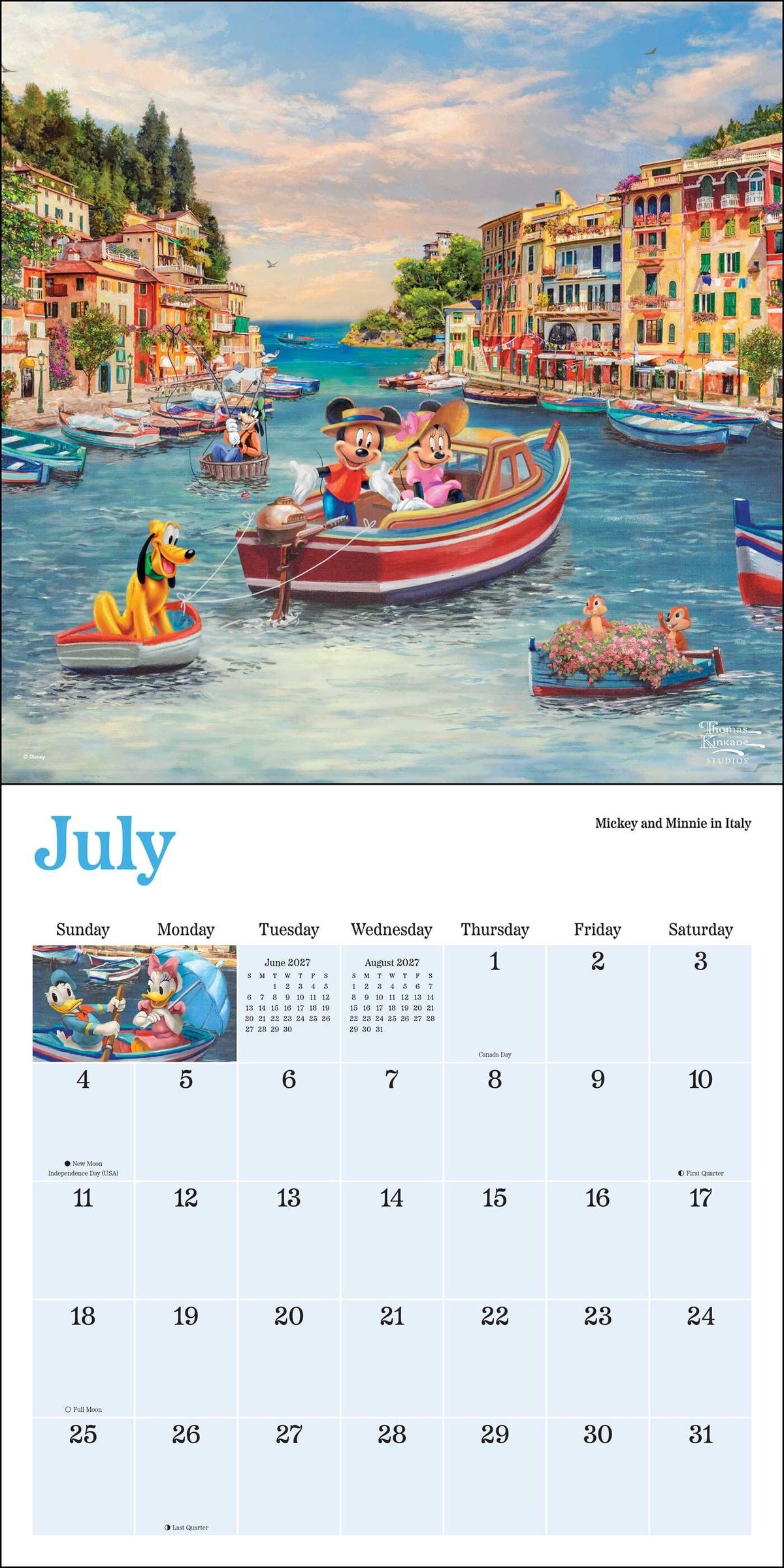 Disney Dreams Thomas Kinkade 2027 Wall Calendar - July showing Mickey & Minnie in boat