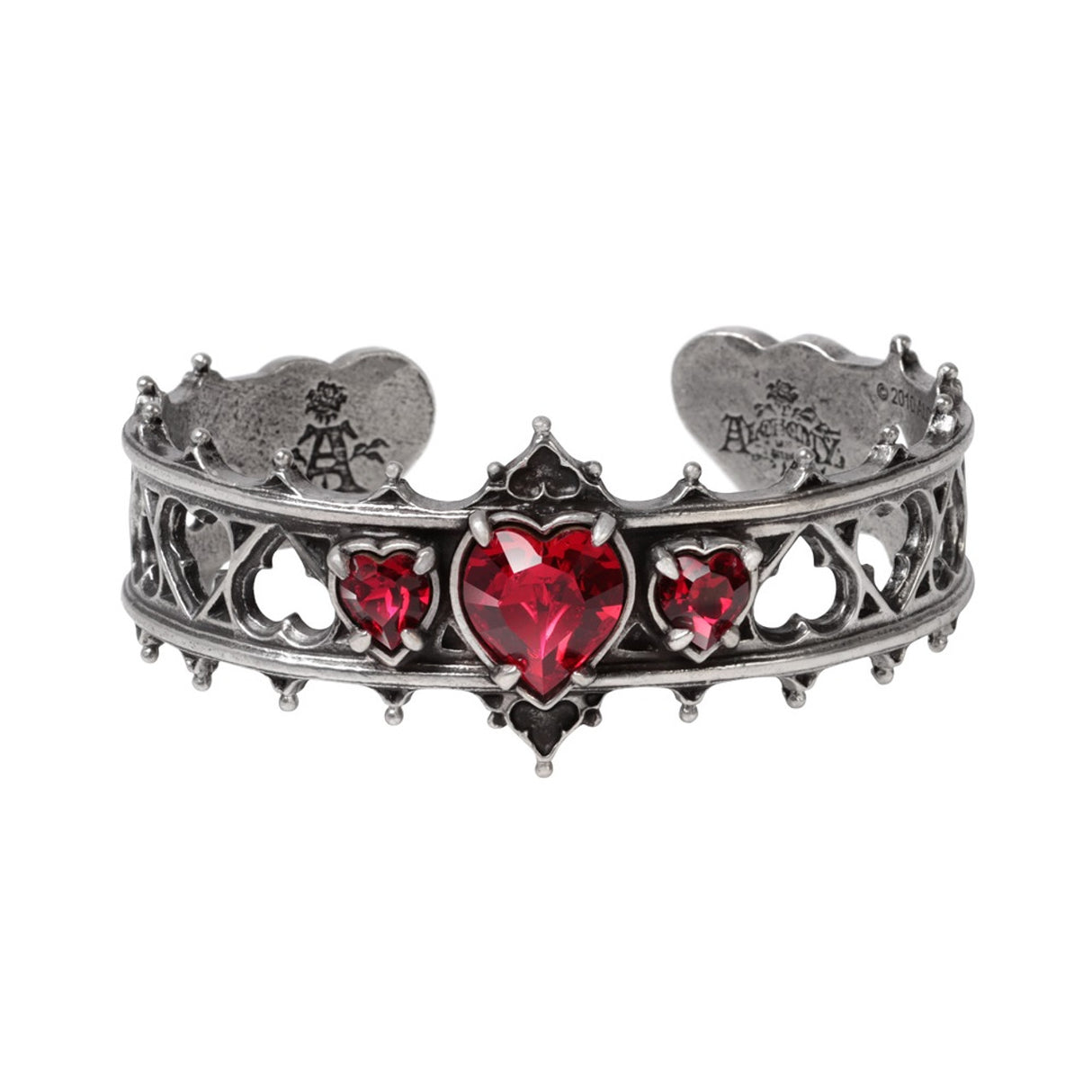 Pewter bracelet with red heart stones on a white background