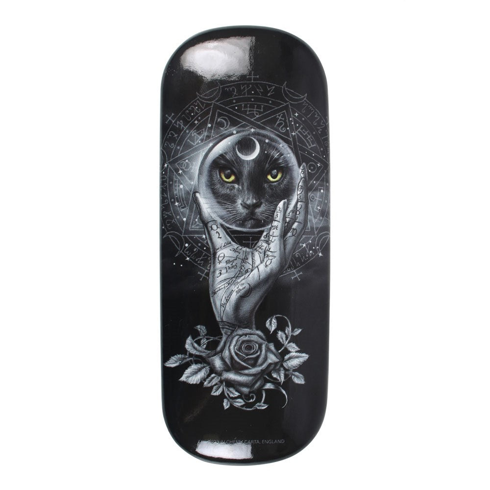 Black eyeglasses case with cat face in crystal ball, pentacle and symbols, hand with sigils written on it, roses