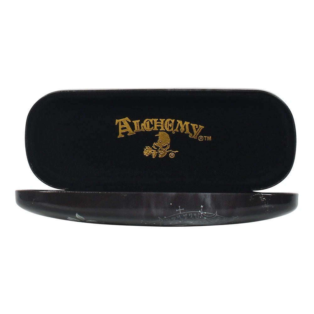 Eyeglass case shown open, Alchemy logo