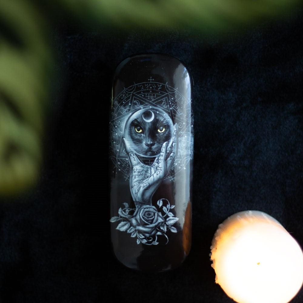 Black eyeglasses case with cat face in crystal ball, pentacle and symbols, hand with sigils written on it, roses