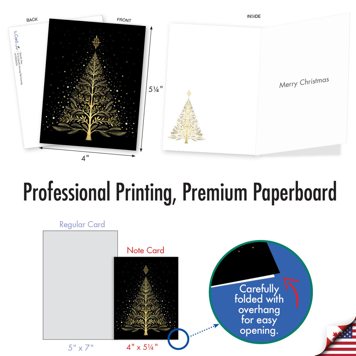 Christmas card with gold tree design on black background, showing front and open views and dimensions