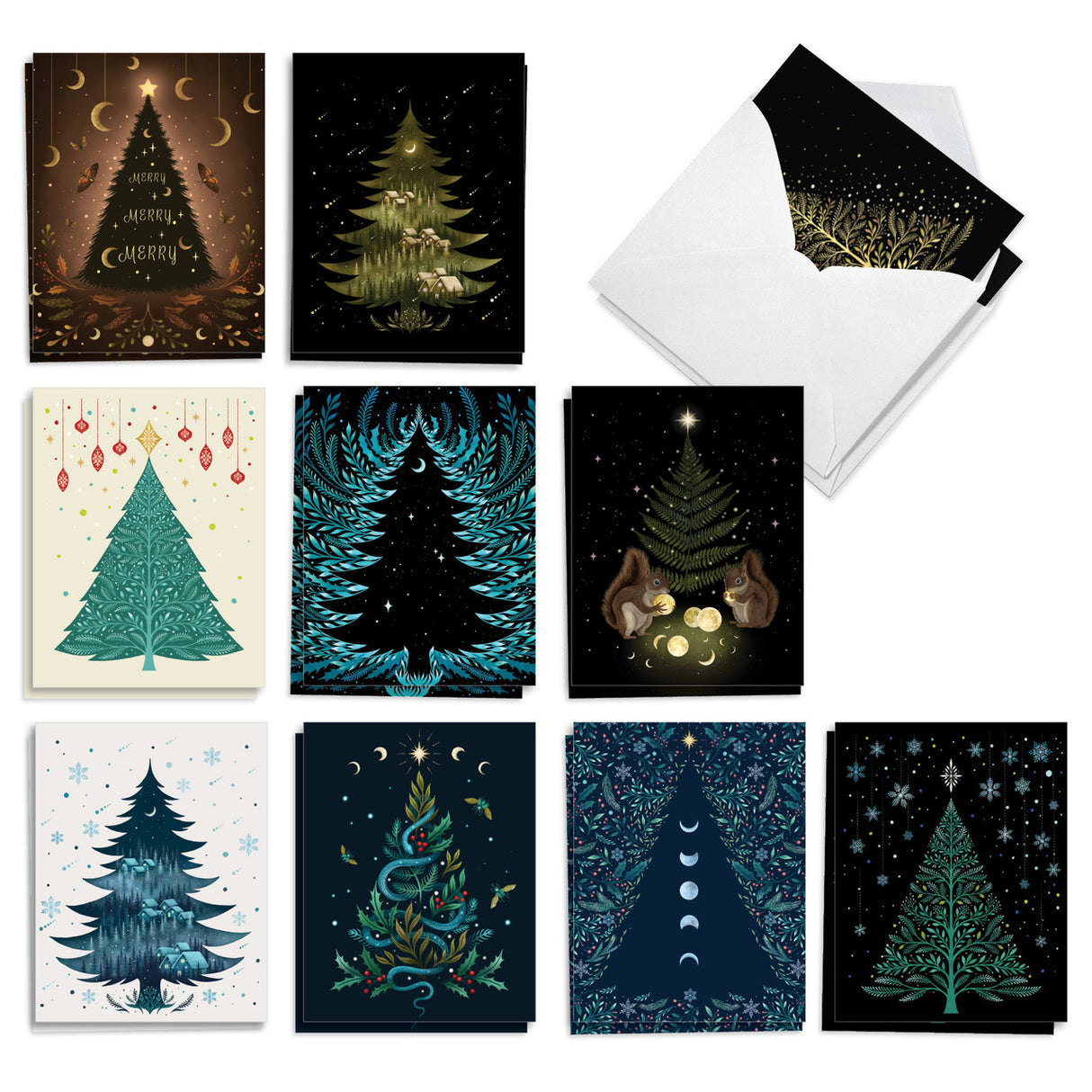 Collection of Christmas cards with tree designs on a white background