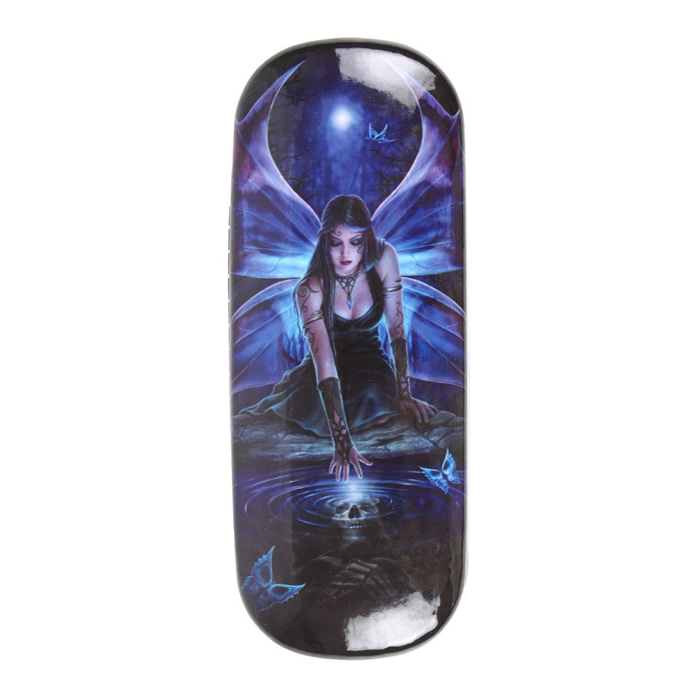 Glasses case with fairy in black dress under full moon reaching for a skull in a pond