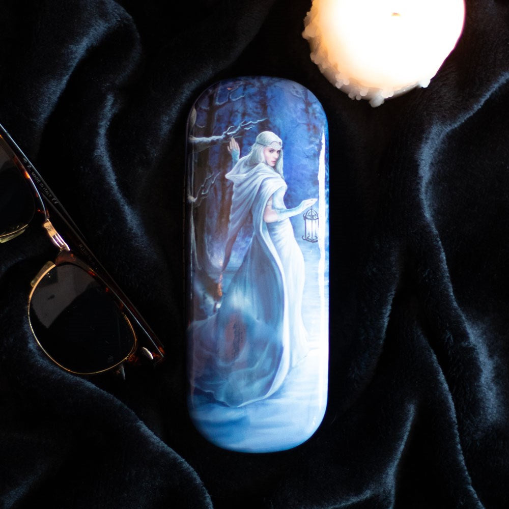 Eyeglass case, art by Anne Stokes, maiden in white in a snowy forest holding a lantern