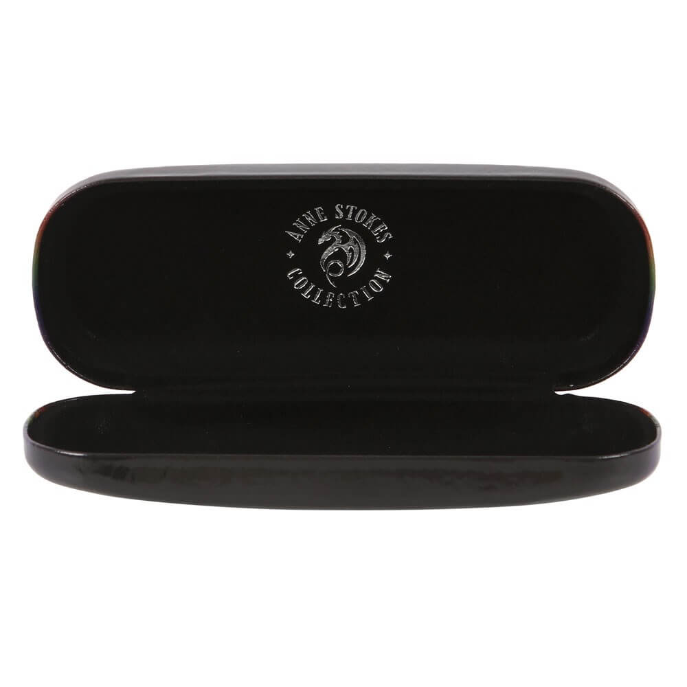 Open glasses case with black interior and Anne Stokes logo