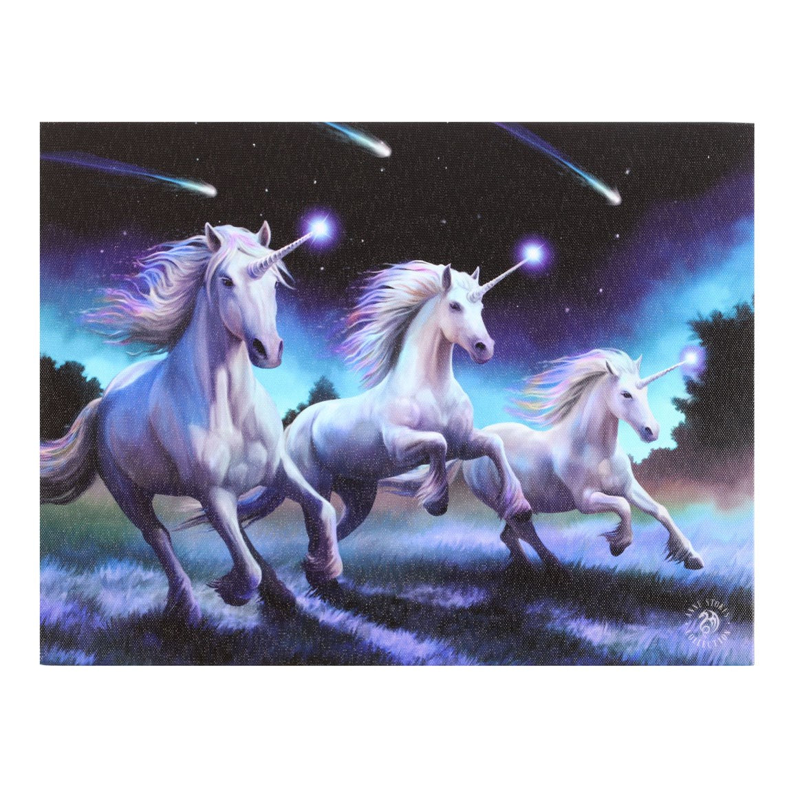 Canvas art print, three unicorns galloping across a field under shooting stars at night