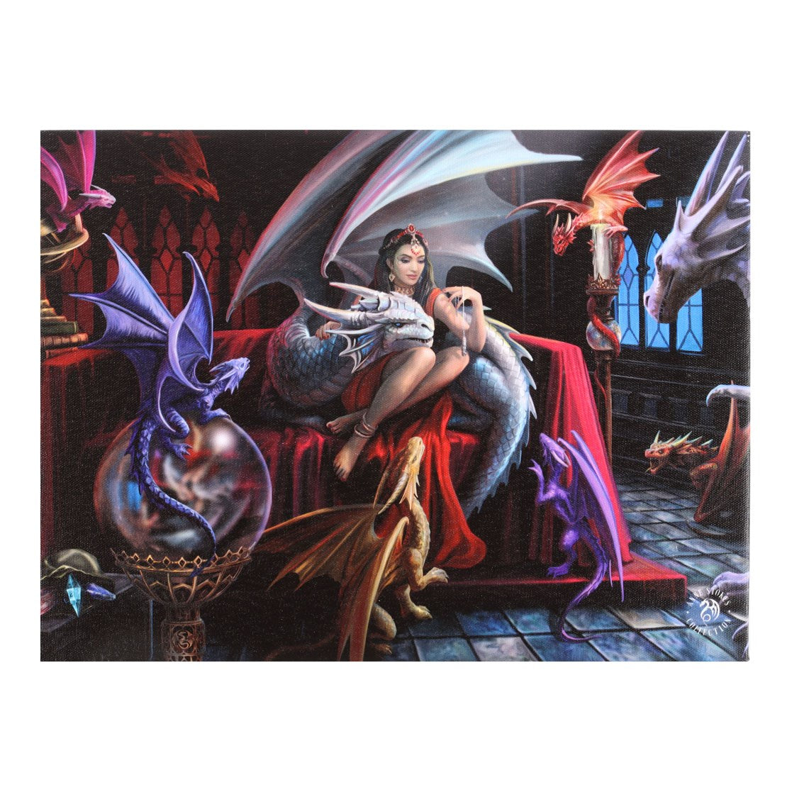 Canvas art print by Anne Stokes. Enchantress in red dress sitting amidst many different sized and colored dragons