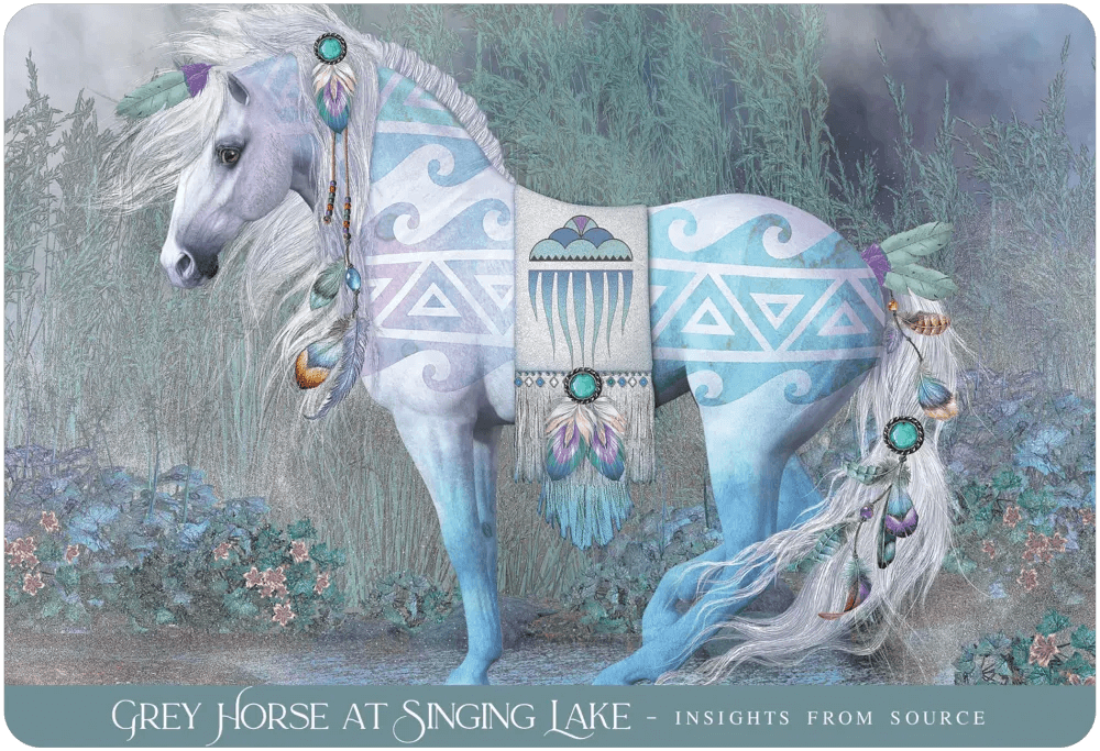 Card example - Grey Horse at Singing Lake - Insights from Source - white and blue patterned horse on pale background of forest
