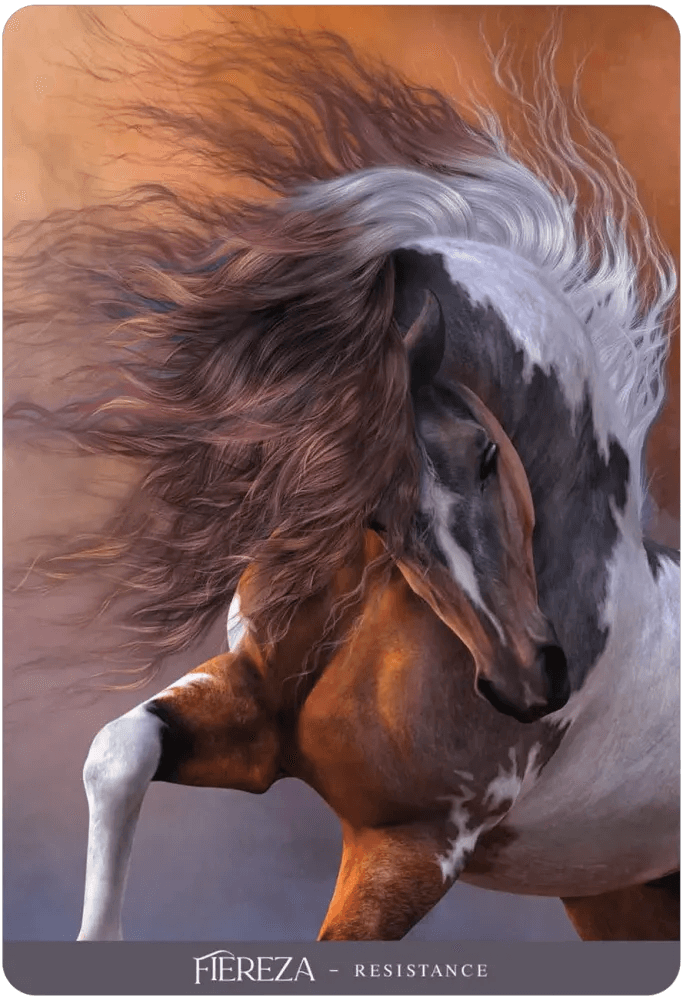 Card example - Fiereza - Resistance - prancing bay paint horse with flowing mane