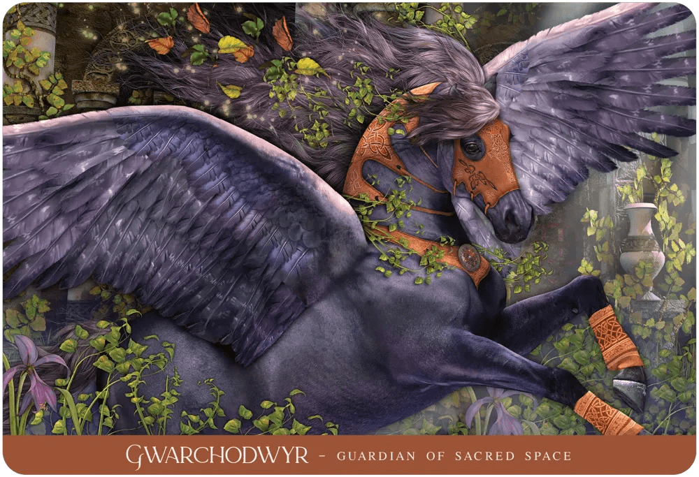 Card example - Gwarchodwyr - Guardian of Sacred Space - black pegasus with bronze armor