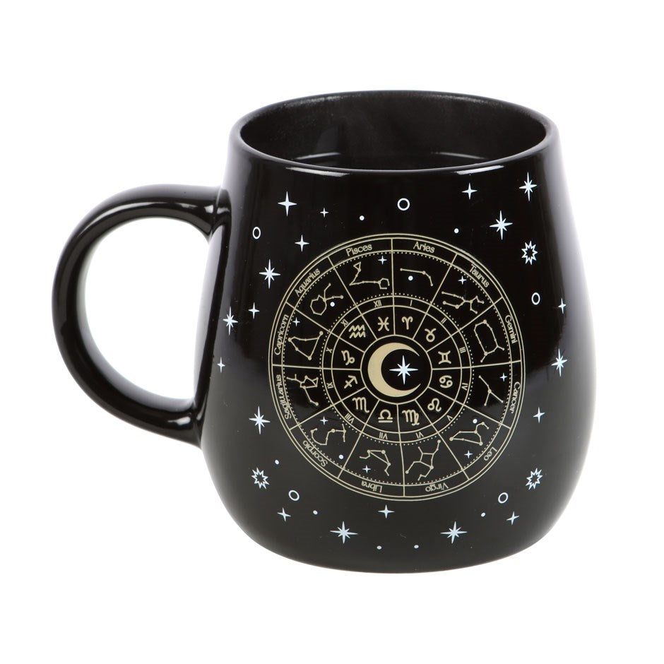 Black ceramic mug with gold astrology wheel that shows up with heat