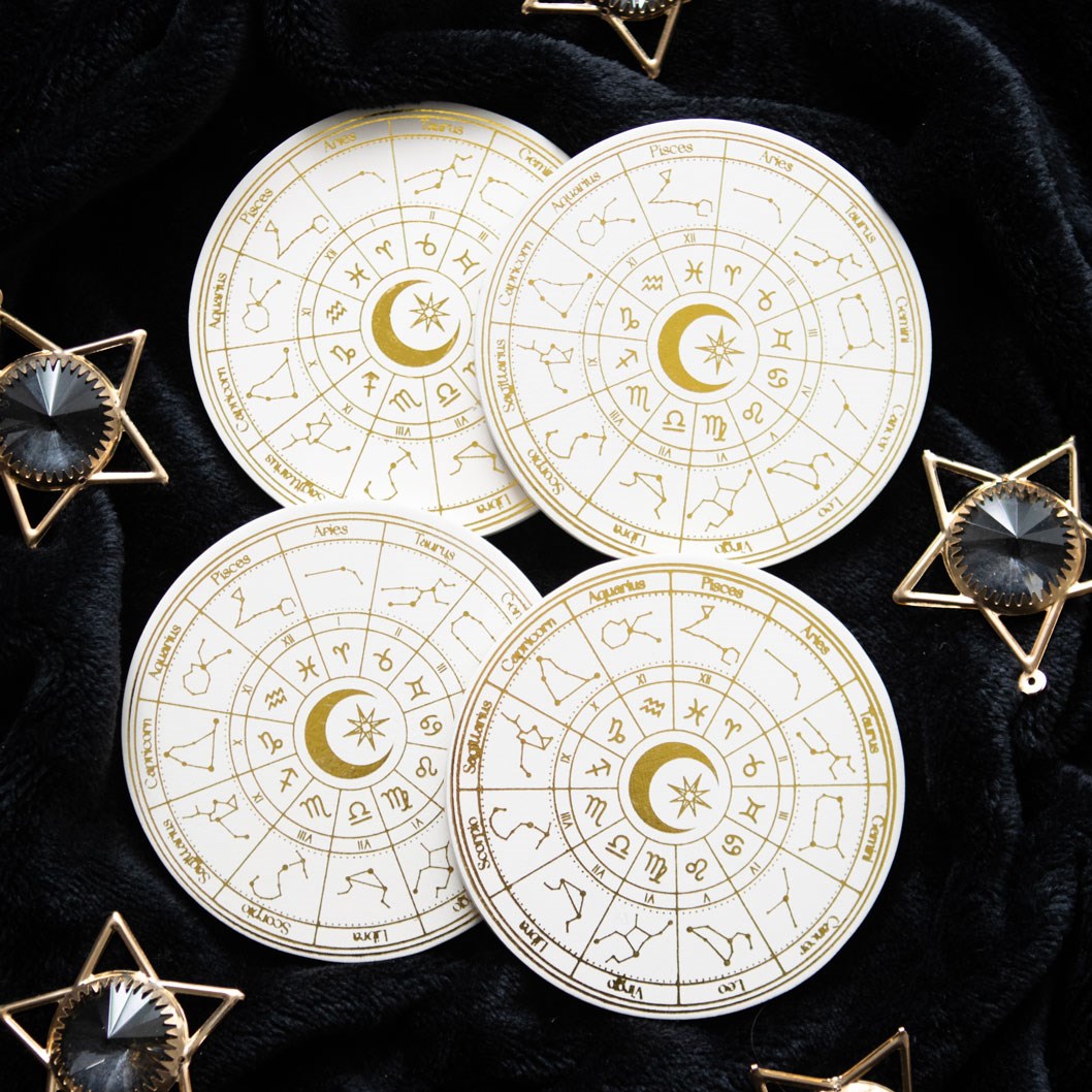 Set of 4 coasters, white with gold foil astrology wheels & zodiac signs