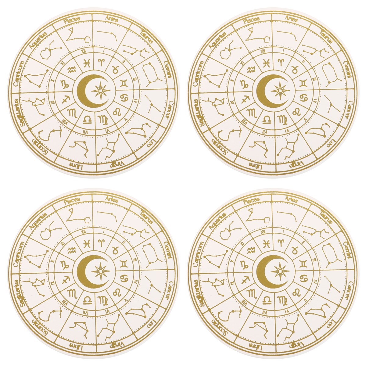 Set of 4 coasters, white with gold foil astrology wheels & zodiac signs