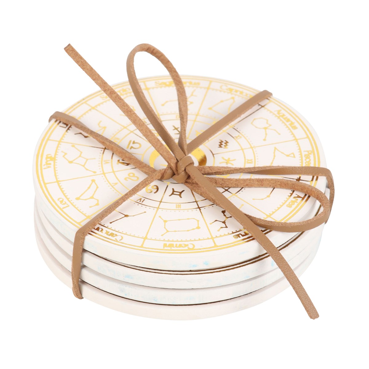 Set of 4 coasters, white with gold foil astrology wheels & zodiac signs, shown stacked and tied with a bow