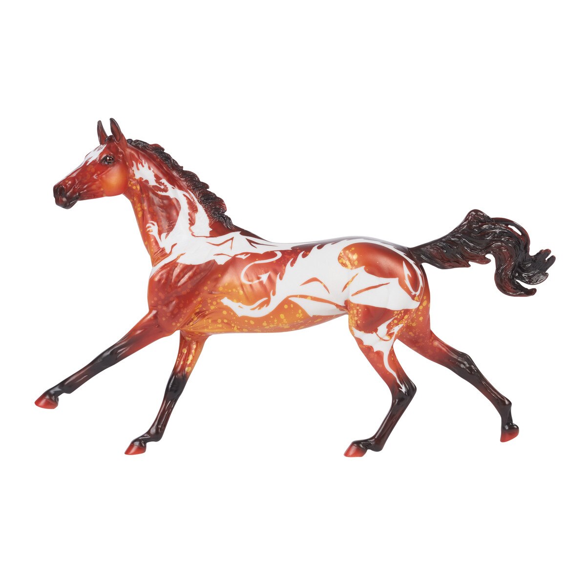 Breyer model horse, fiery orange-red with darker mane, tail & legs, with glow in the dark dragon design
