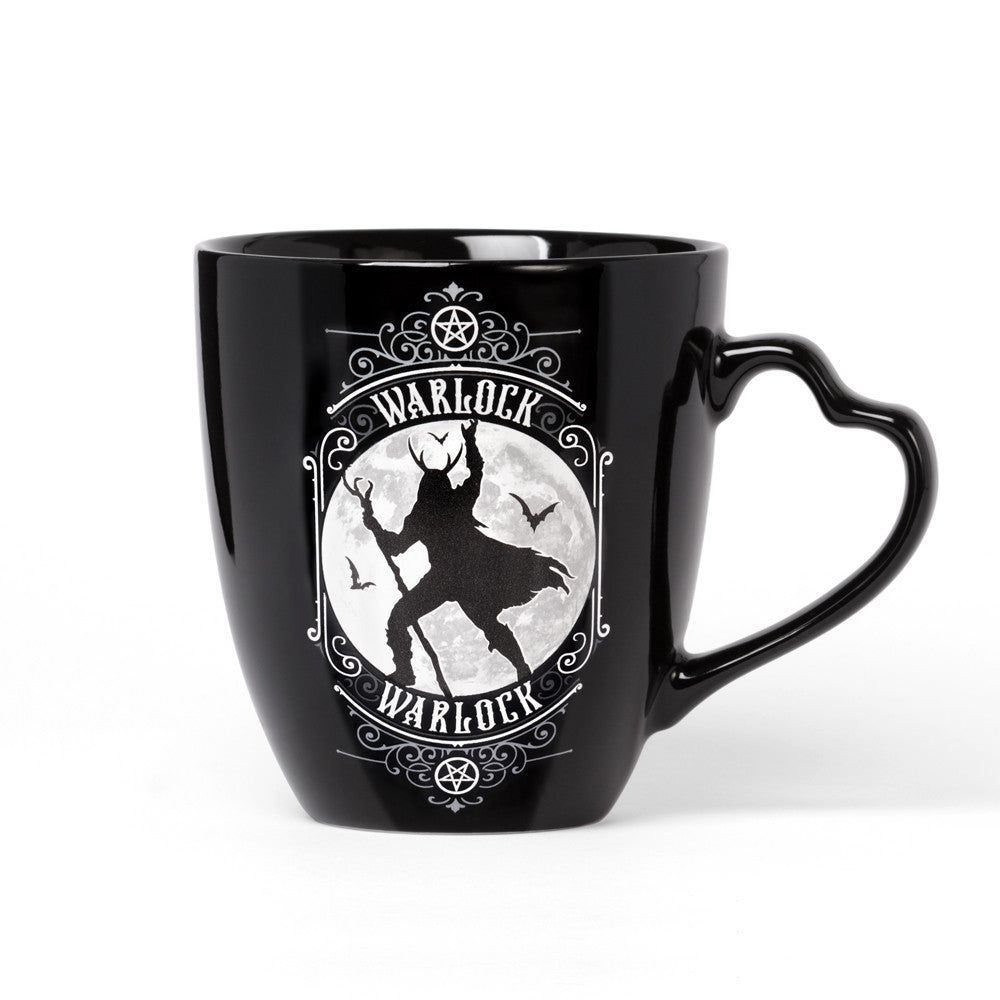 Black china mug with white and black warlock and moon design