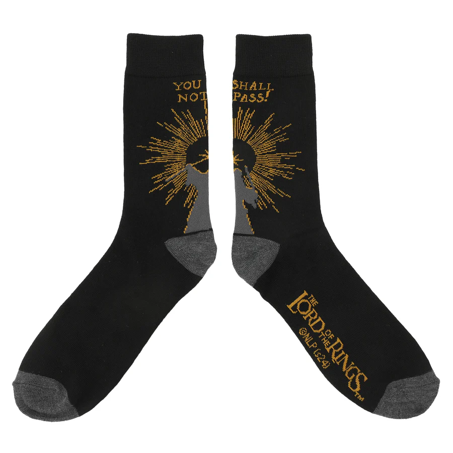 Black socks with Gandalf and "You shall not pass" text