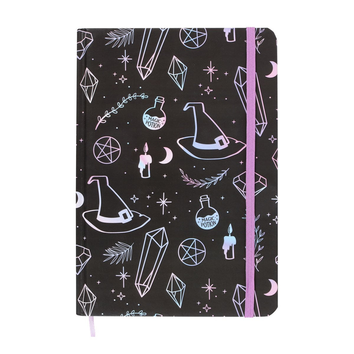 Journal with witchy designs - potion, hats, crystals, etc. Closed by lilac elastic ribbon